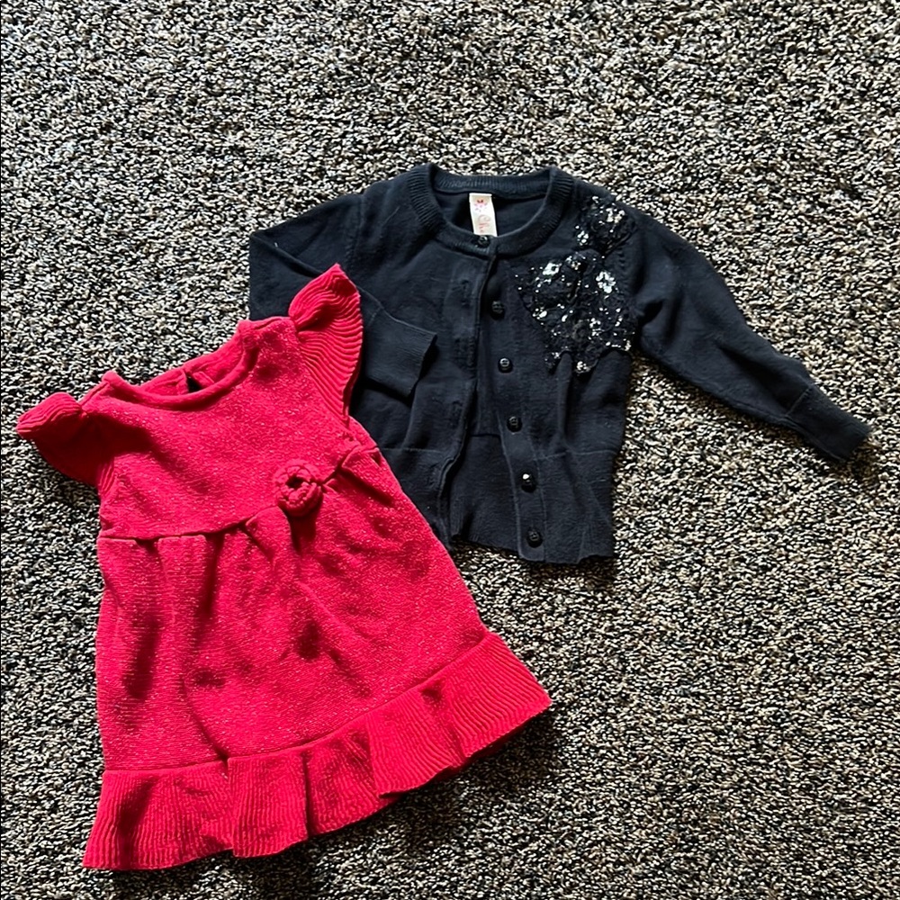 Red Dress and Black Cardigan Set